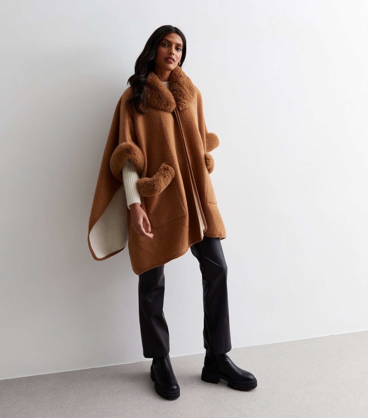 Light Brown Faux Fur Trim Poncho Gini London New Look