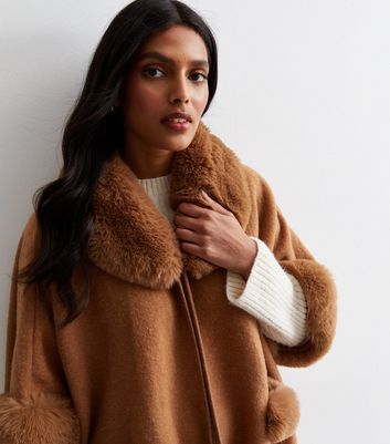 Gini London Light Brown Faux Fur Trim Poncho | New Look