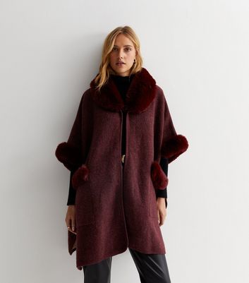 New look burgundy hot sale fur coat