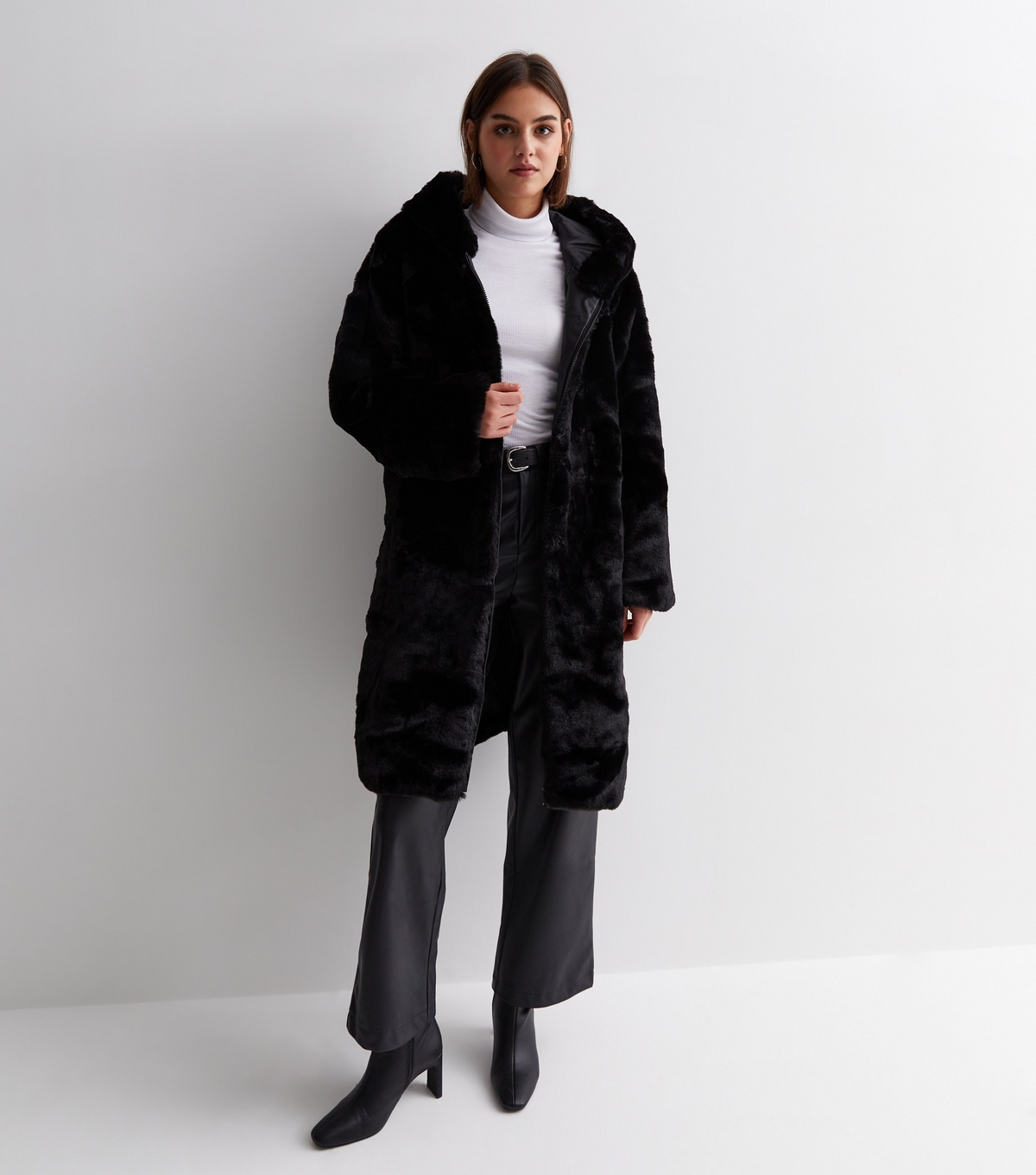 Women's Black Faux Fur Hooded Long Coat Gini London New Look