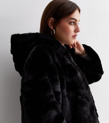 Long hooded discount faux fur coat