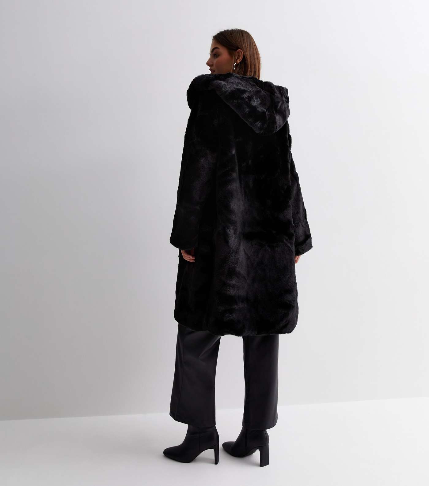 Gini London Black Faux Fur Hooded Long Coat Image 4