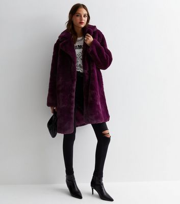 Gini London Burgundy Faux Fur Long Coat New Look