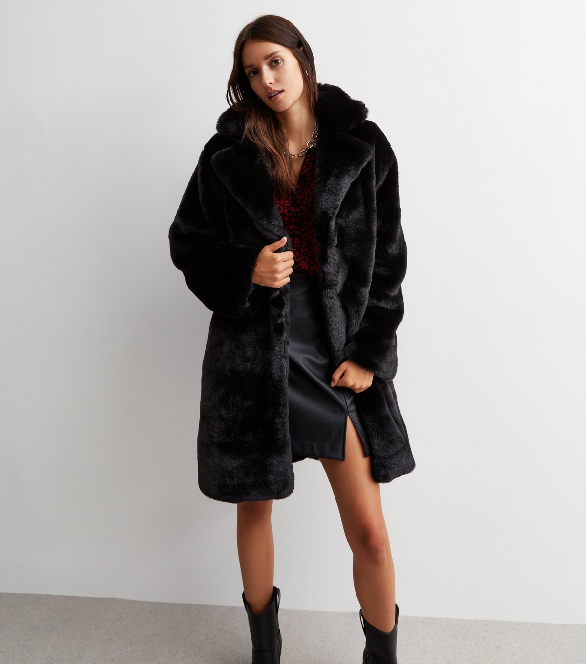 Women's Black Collared Faux Fur Coat Gini London New Look