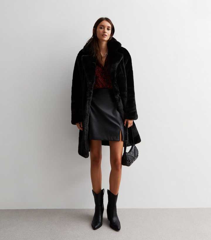 Gini London Black Collared Faux Fur Coat