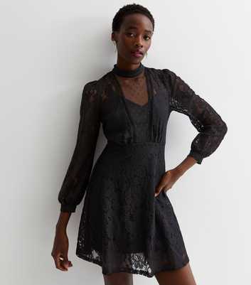 Tall Black Lace High Neck Mini Dress