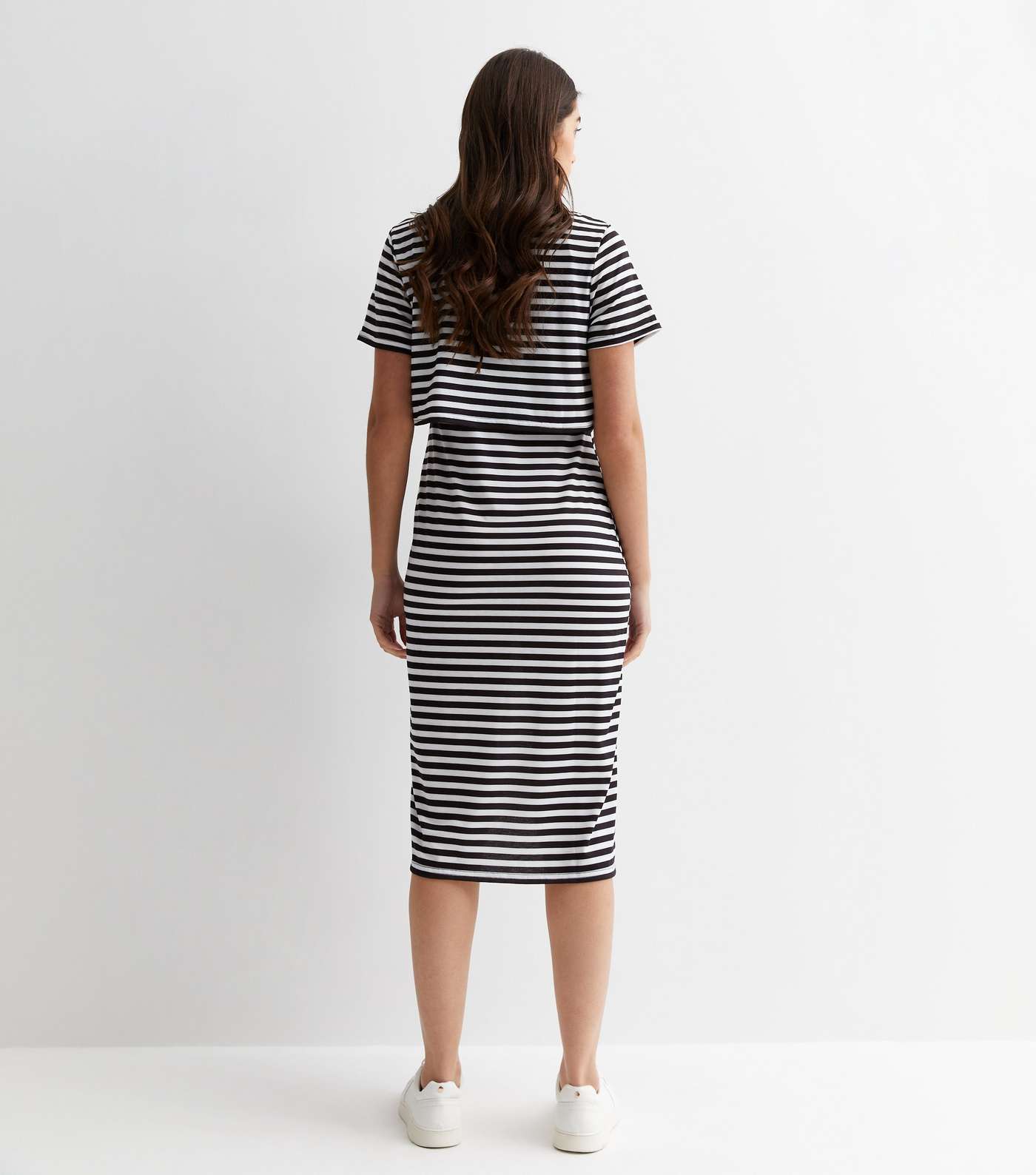 Maternity Black Stripe Jersey Short Sleeve Nursing Midi Dress Image 4