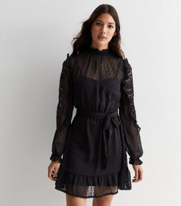 Black lace sleeve deals dress new look