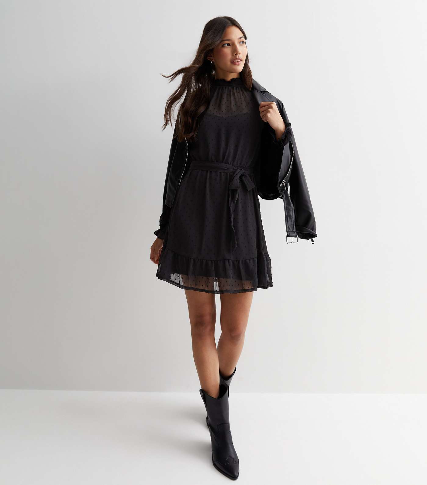Black Chiffon Lace Sleeve Mini Dress Image 3