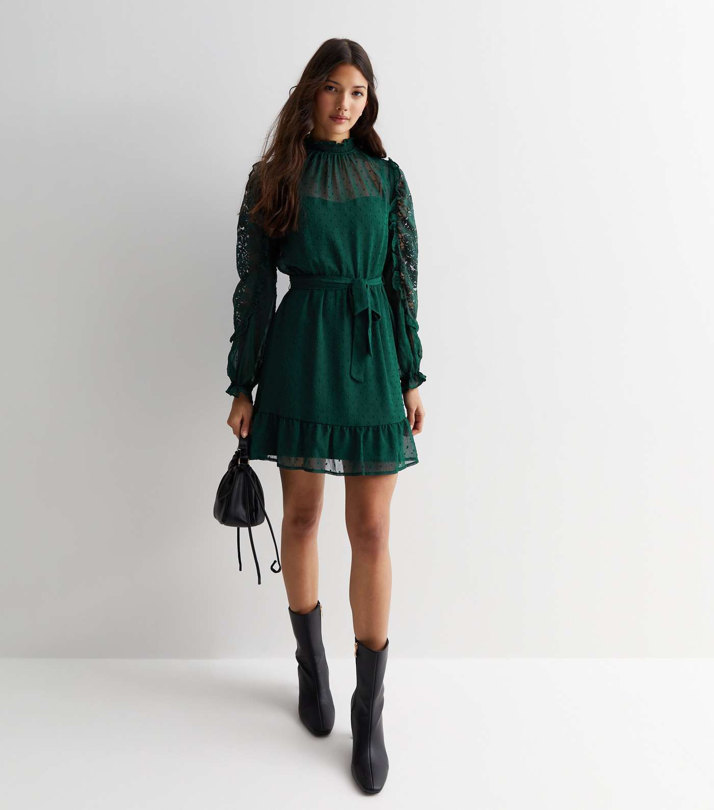 Dark Green Chiffon Lace Sleeve Mini Dress Image 3