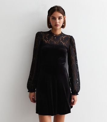 Black Velvet Lace Trim Mini Dress New Look