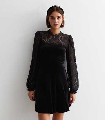 Black Velvet Lace Trim Mini Dress