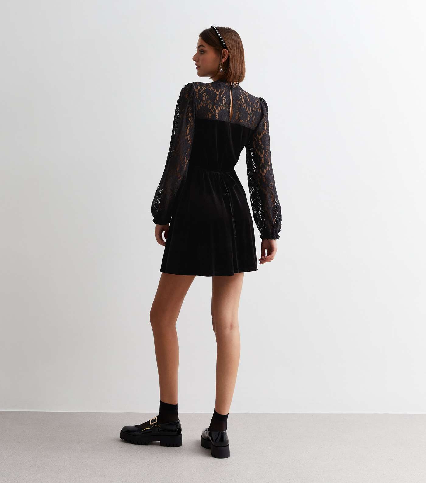 Black Velvet Lace Trim Mini Dress Image 4