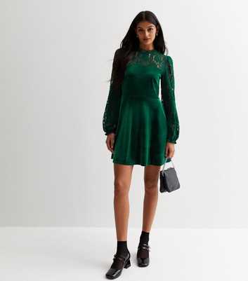 Dark Green Velvet Lace Trim Mini Dress