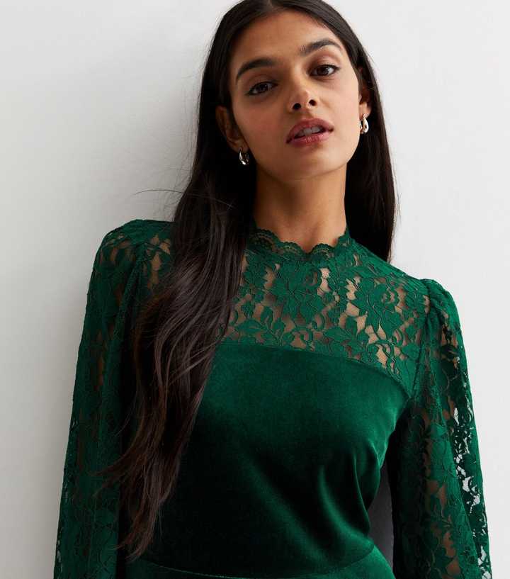 green emerald velvet dress Forest Green Lace Long Dress With V Neck And Lace Up Open Back