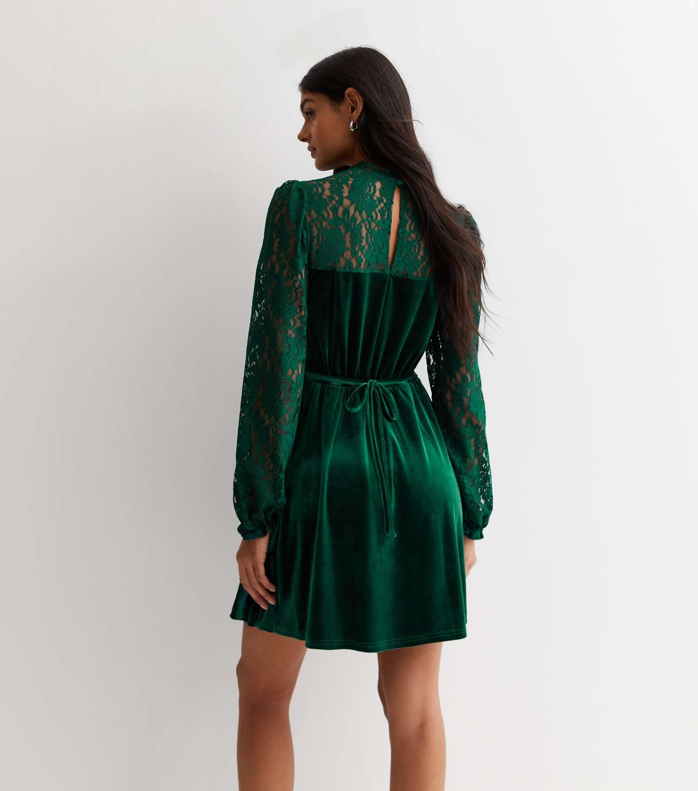 Dark Green Velvet Lace Trim Mini Dress Image 4