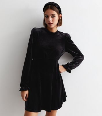 Black Velvet Long Sleeve Mini Dress New Look