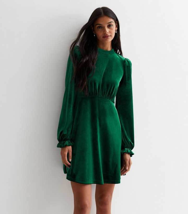 Dark Green Velvet Long Sleeve Mini Dress | New Look