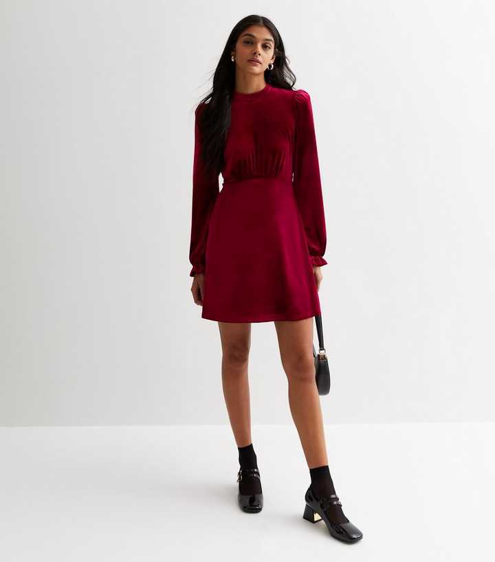 Burgundy Velvet Long Sleeve Mini Dress