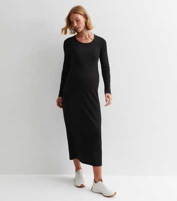 Maternity Black Ribbed Jersey Long Sleeve Bodycon Midaxi Dress