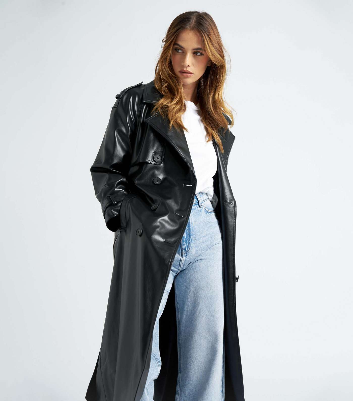 Urban Bliss Black Leather-Look Belted Trench Coat Image 2