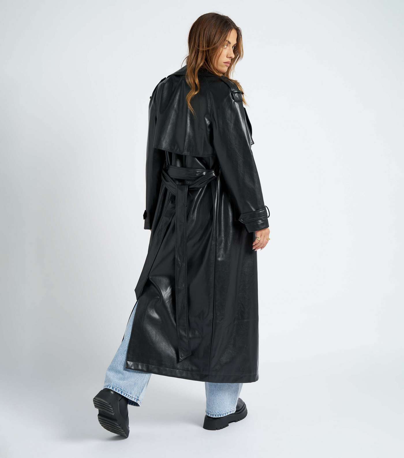 Urban Bliss Black Leather-Look Belted Trench Coat Image 4