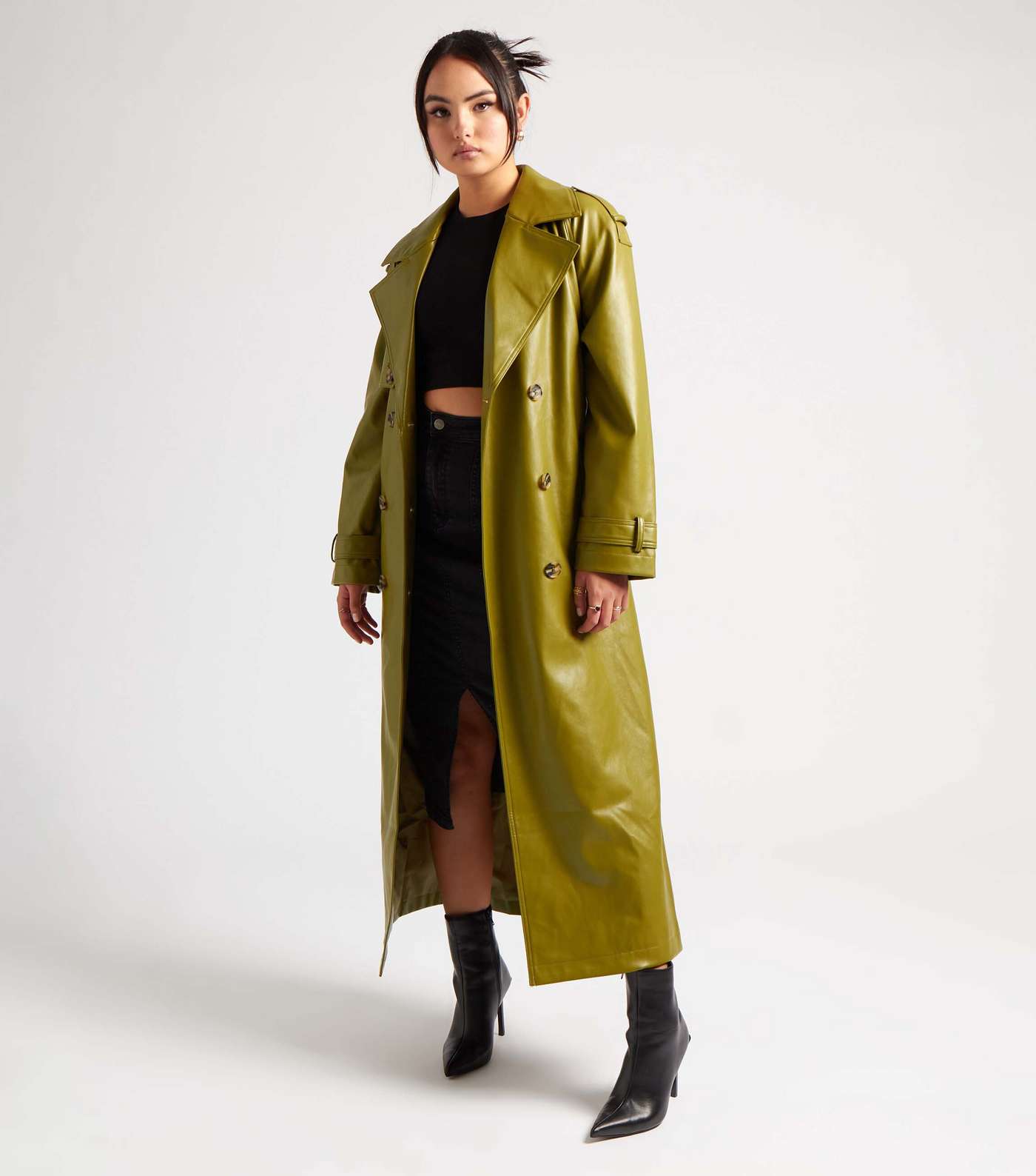 Urban Bliss Green Leather-Look Belted Trench Coat Image 2