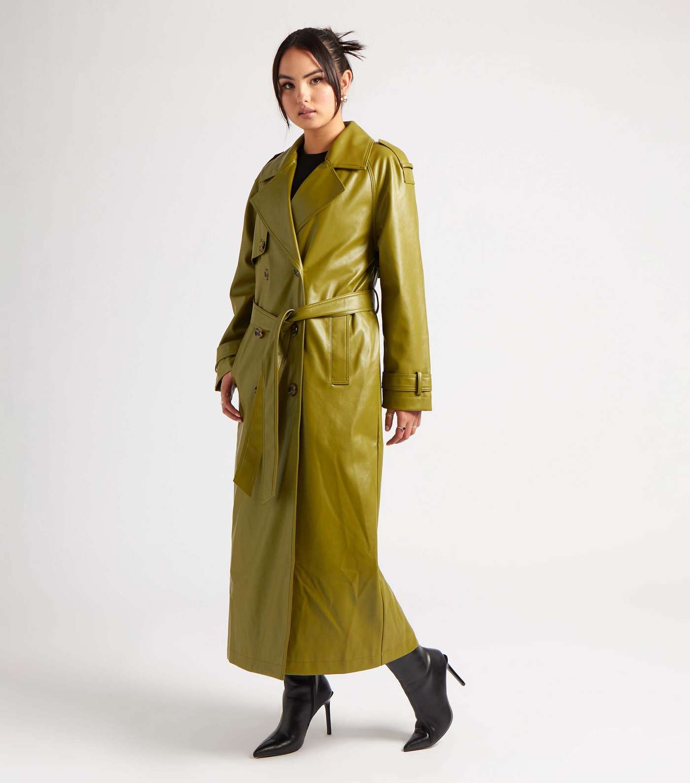 Urban Bliss Green Leather-Look Belted Trench Coat Image 4