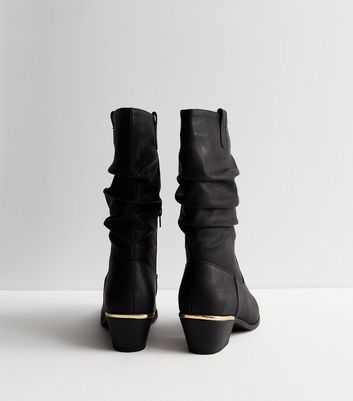 Black Leather Look Mid Calf Slouchy Boots New Look