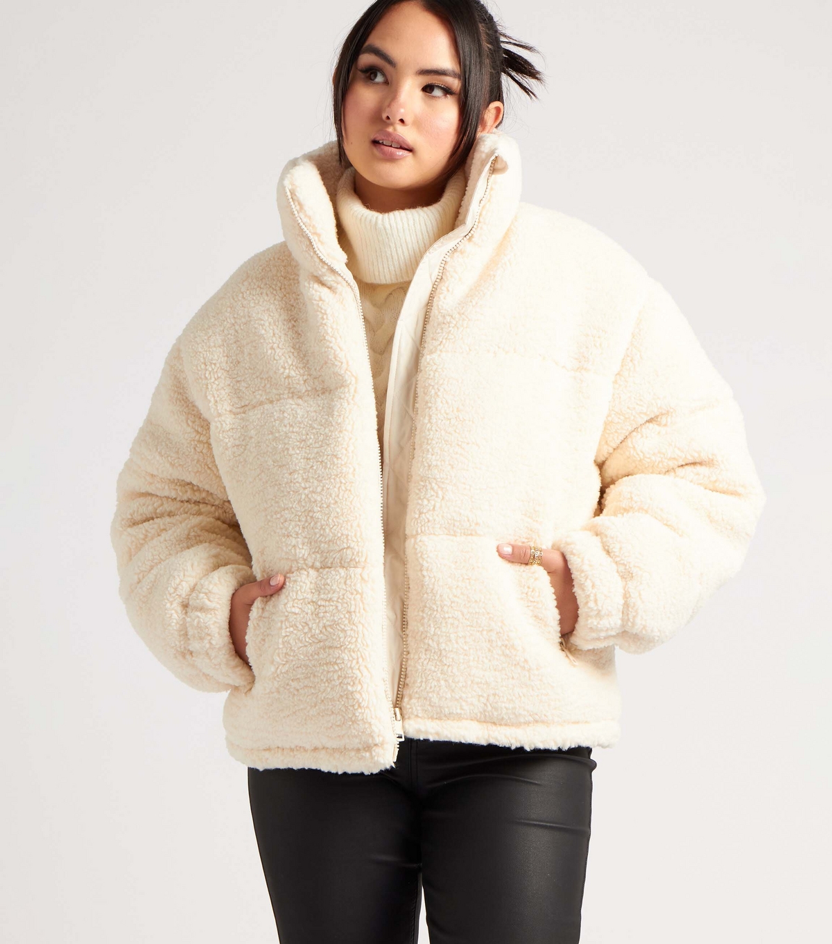 Women's Cream Borg Puffer Jacket Urban Bliss New Look