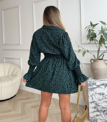 AX Paris Green Spot Shirred Mini Skater Dress New Look