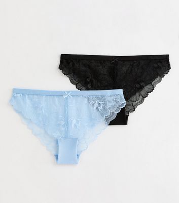 2 Pack Blue and White Lace Brazilian Briefs New Look