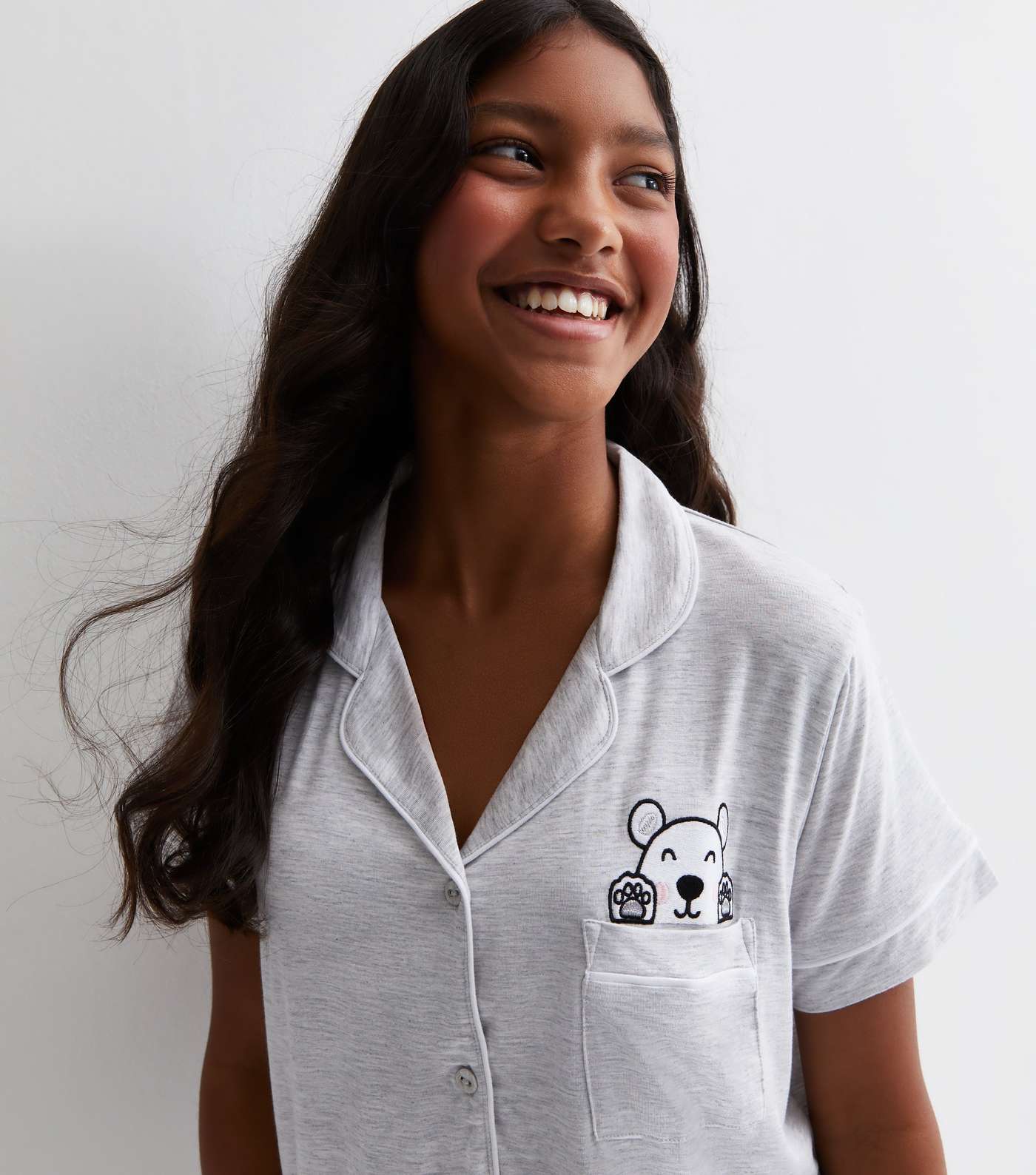 Girls Grey Jersey Short Pyjama Set with Polar Bear Logo Image 3