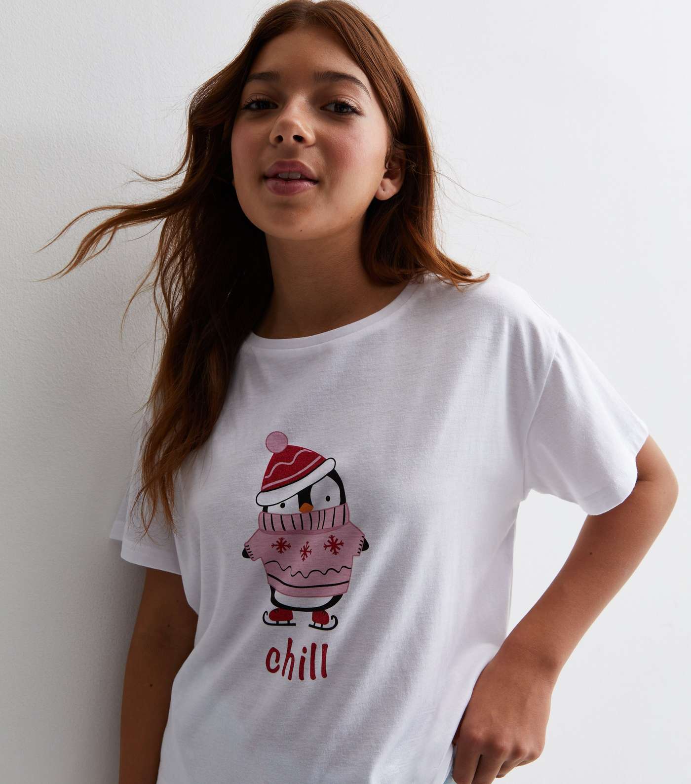 Girls White Christmas Short Pyjama Set with Penguin Print Image 2