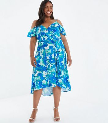QUIZ Curves Blue Tropical Cold Shoulder Midi Dress | New Look