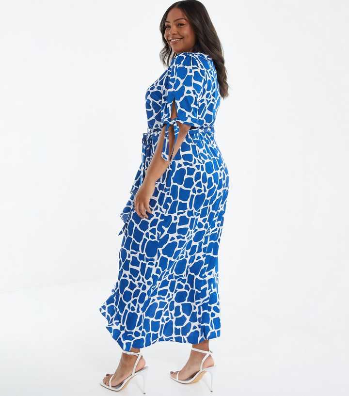 QUIZ Curves Blue Animal Print Satin Wrap Dress
