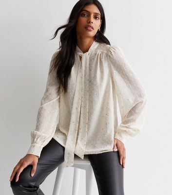 Gini London Cream Dobby Glitter Tie Neck Blouse | New Look