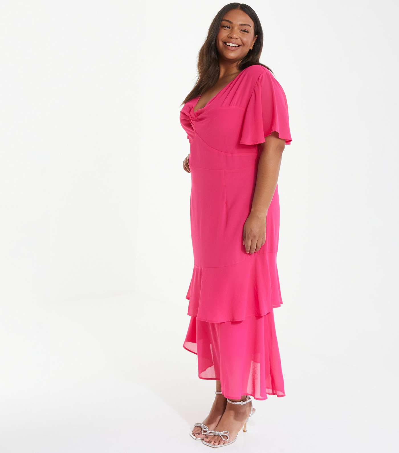 QUIZ Curves Deep Pink Frill Hem Midi Dress Image 2