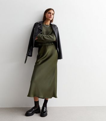 Khaki Satin Bias Cut Midi Skirt New Look