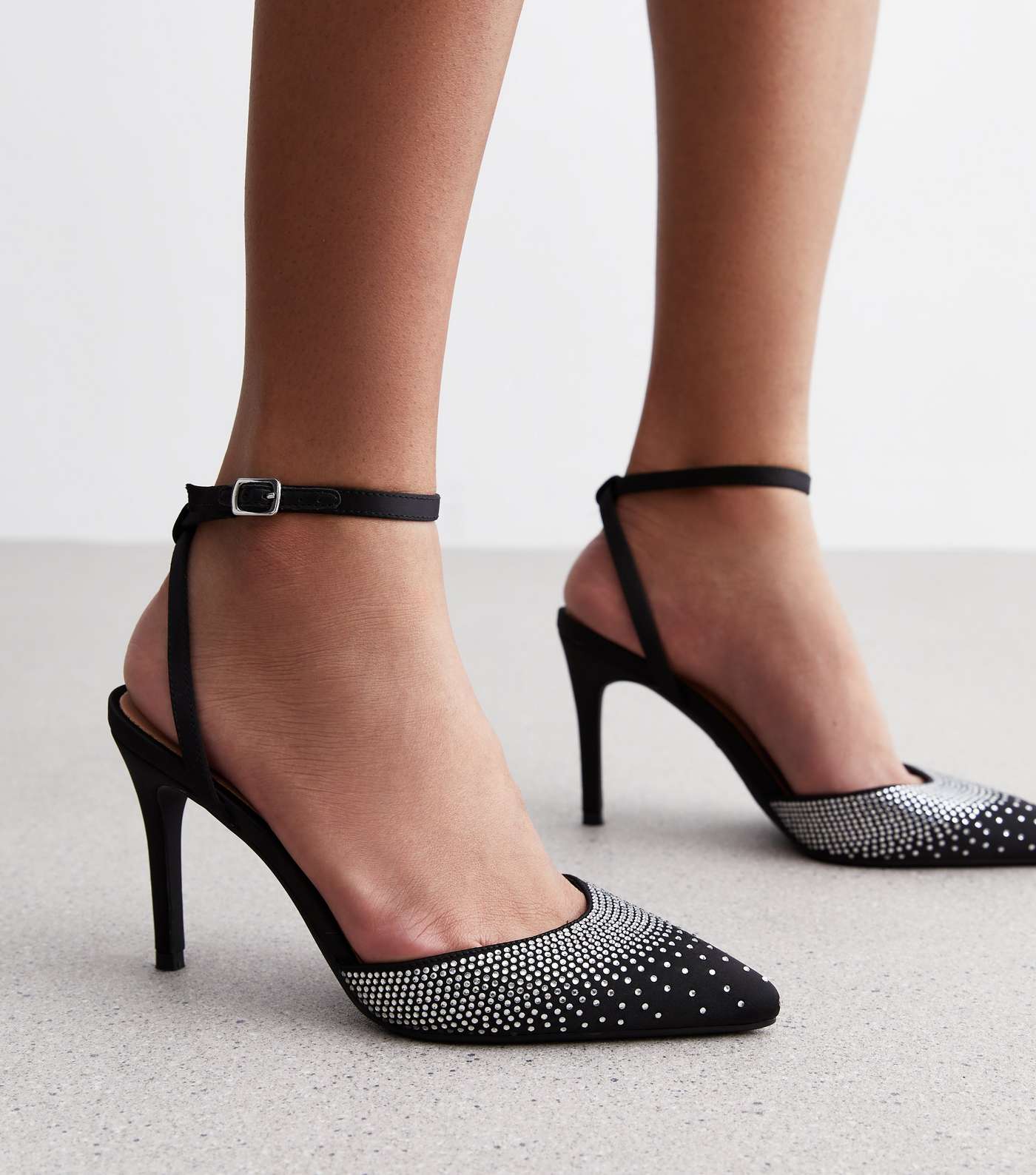 Black Satin Embellished Stiletto Heel Court Shoes Image 2