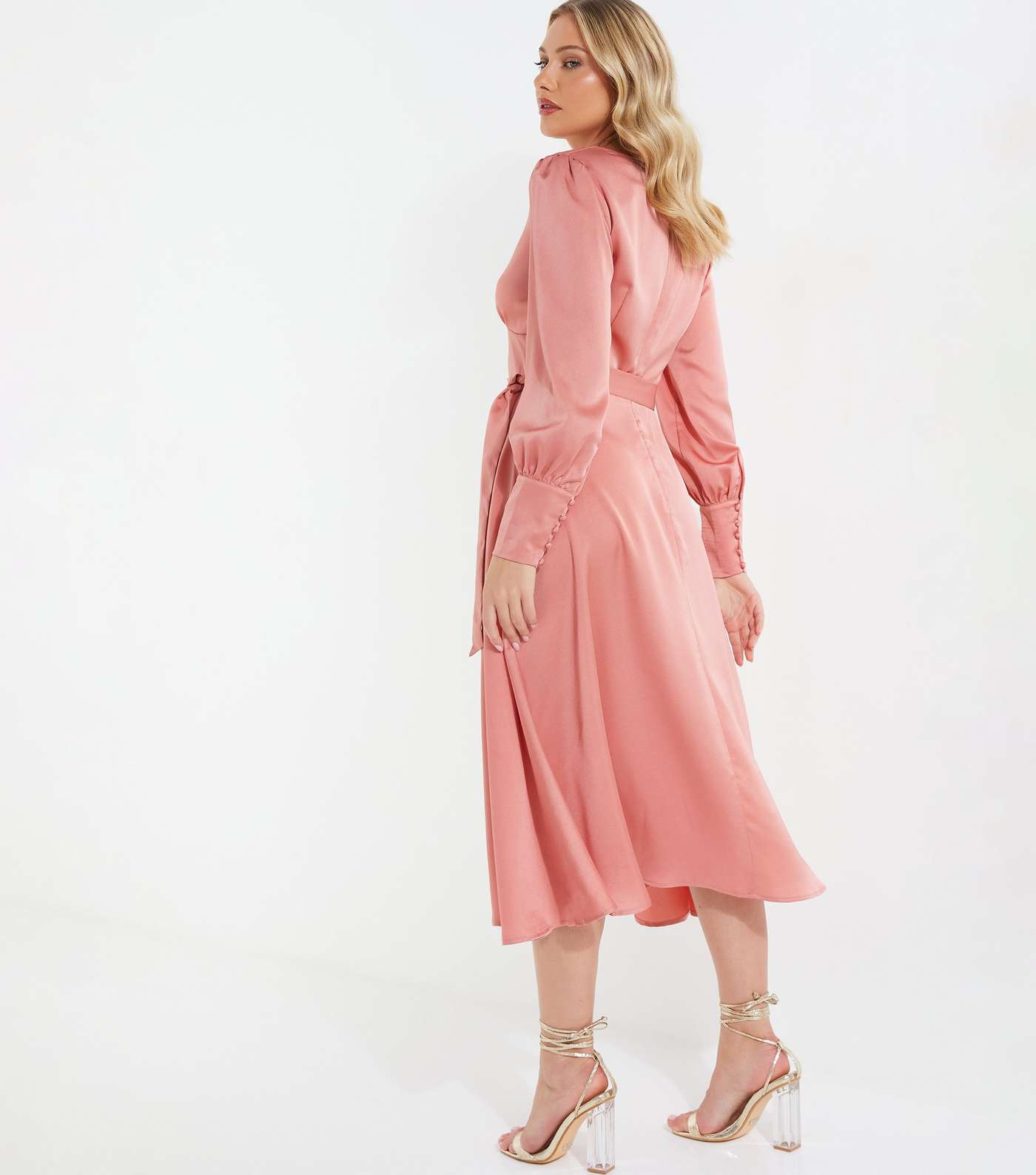 QUIZ Pink Satin Wrap Midi Dress Image 3
