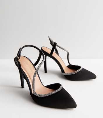 Black Satin Diamanté Embellished Stiletto Heel Court Shoes