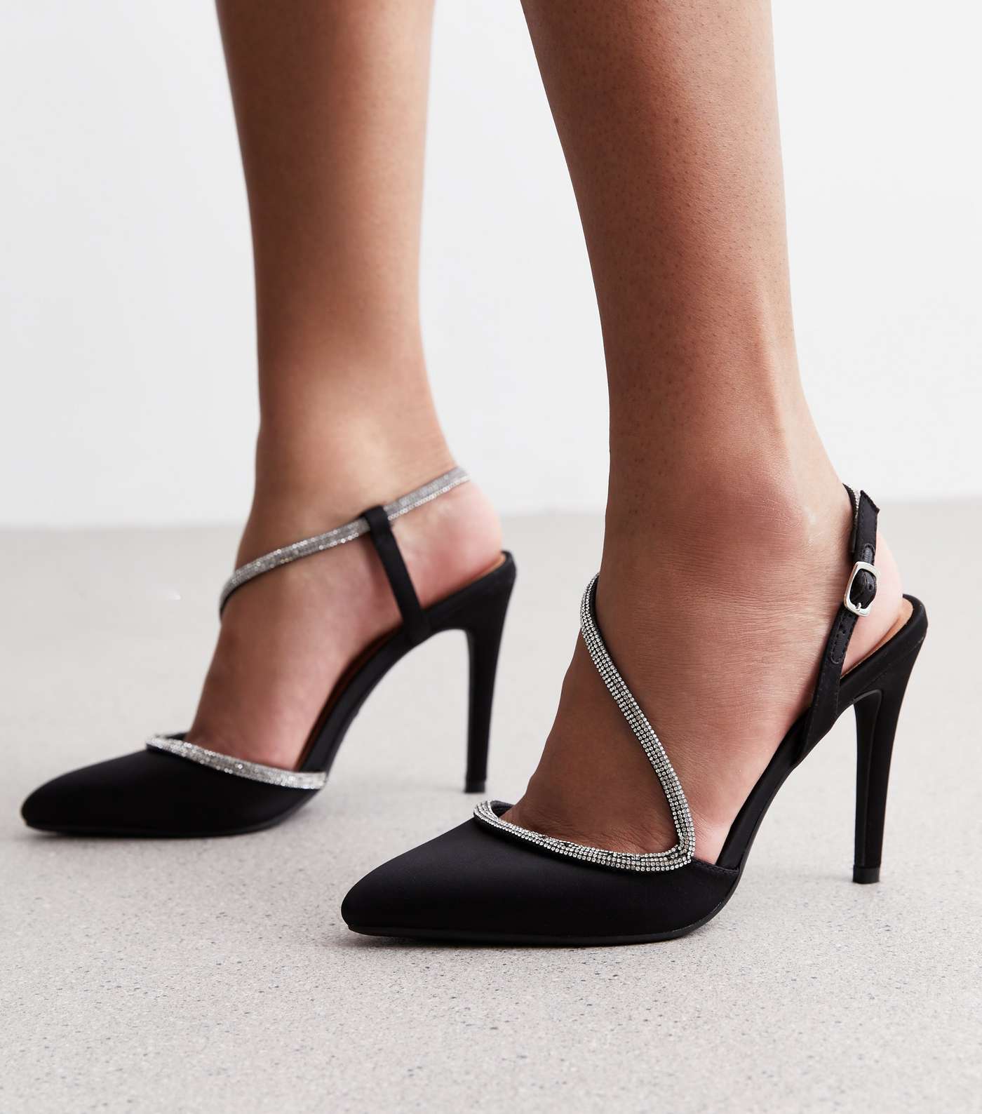 Black Satin Diamanté Embellished Stiletto Heel Court Shoes Image 2
