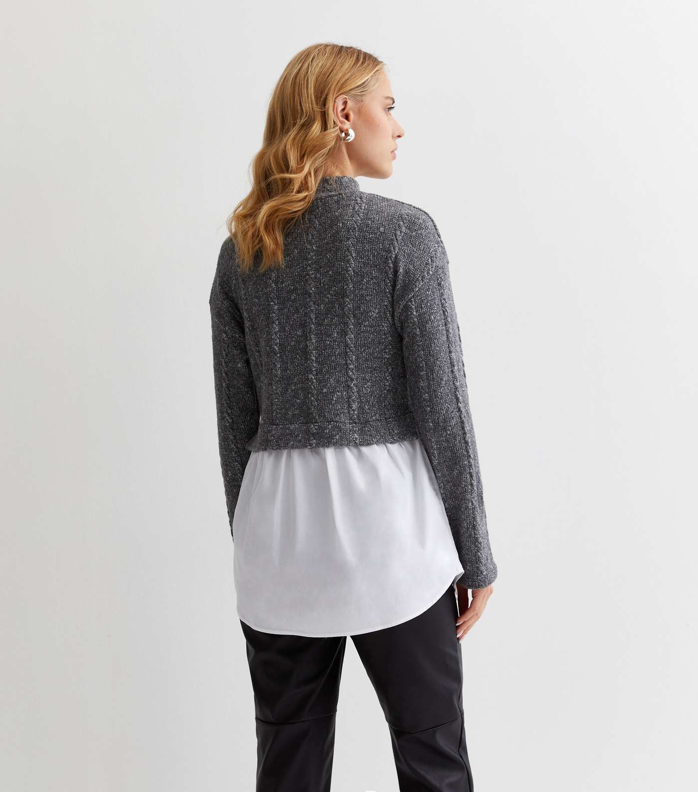 Grey Cable Knit High Neck 2-in-1 Jumper Image 4