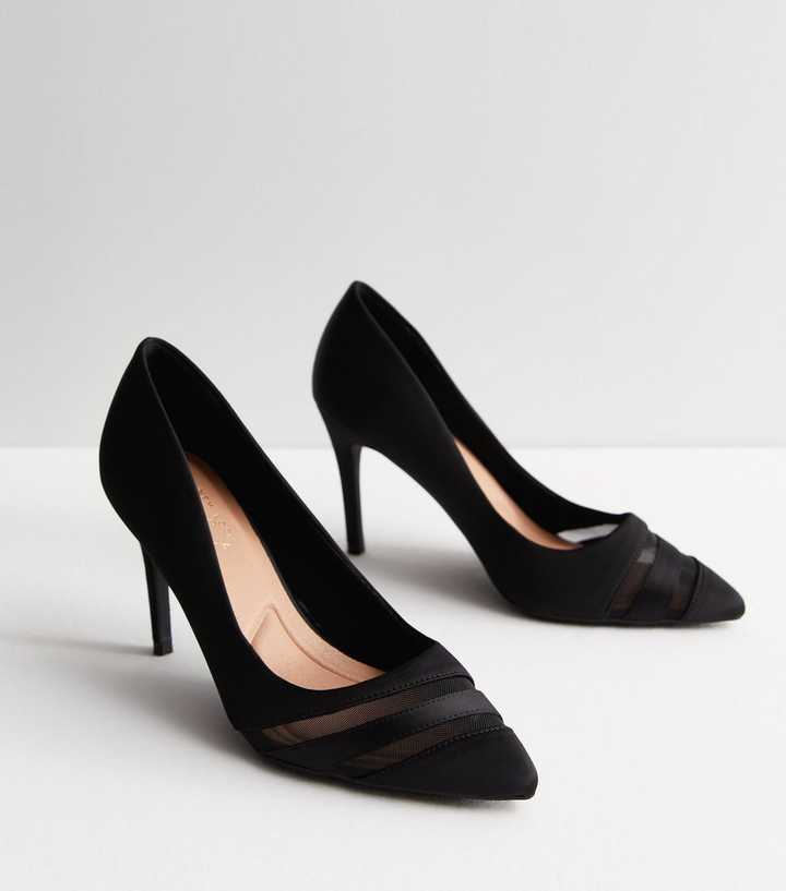 Black Satin Mesh Front Stiletto Heel Court Shoes | New Look