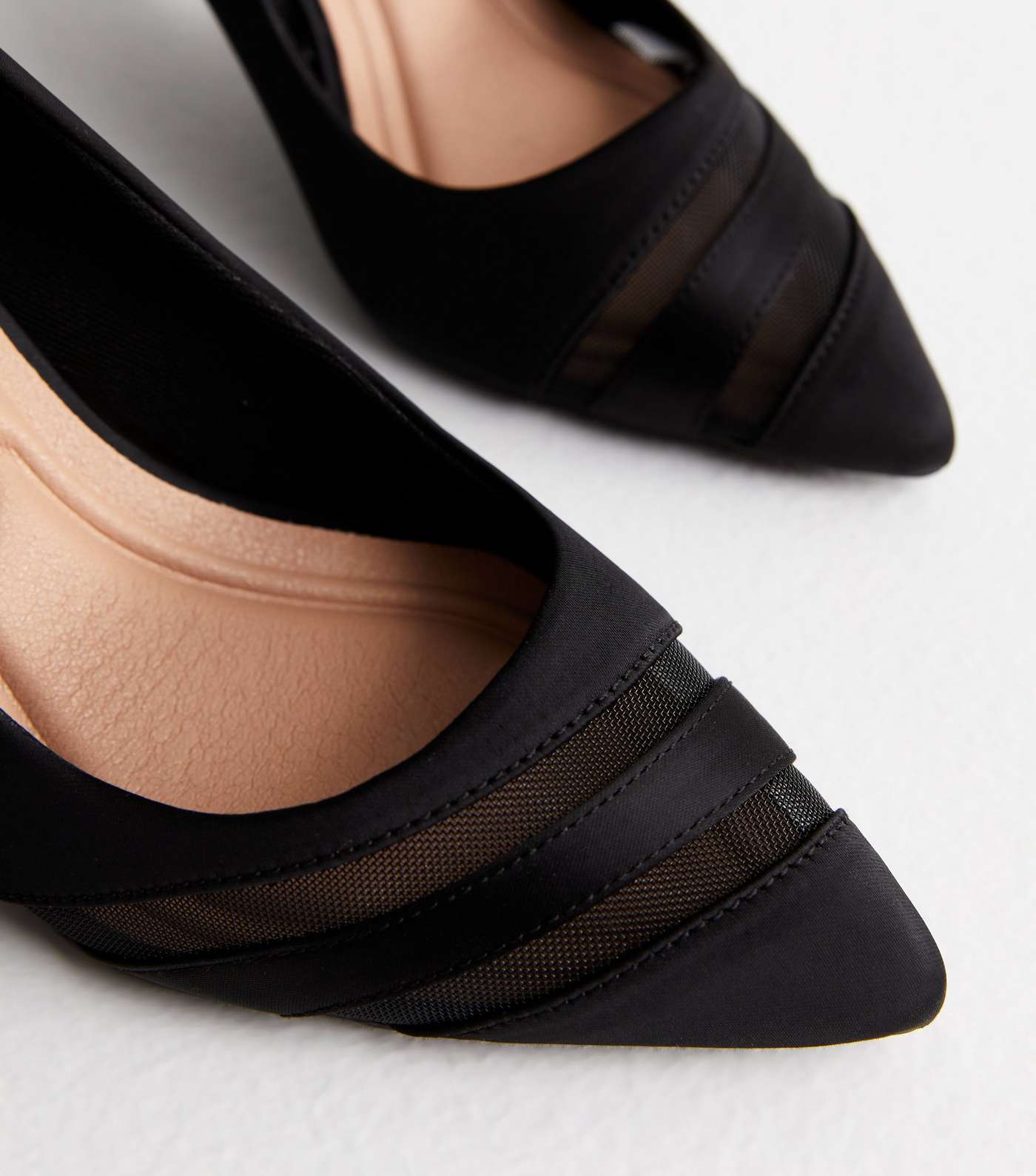 Black Satin Mesh Front Stiletto Heel Court Shoes Image 3