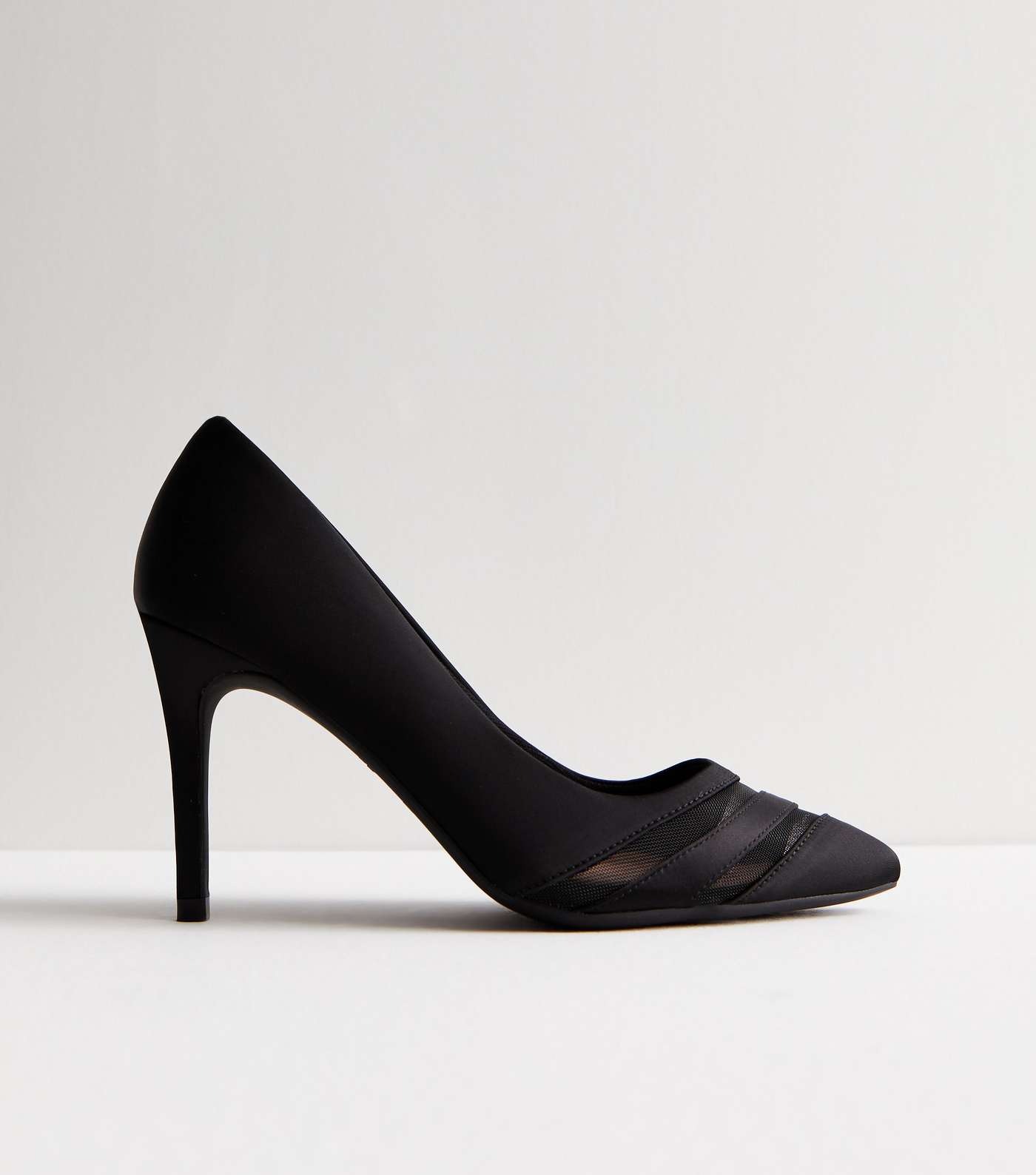 Black Satin Mesh Front Stiletto Heel Court Shoes Image 5