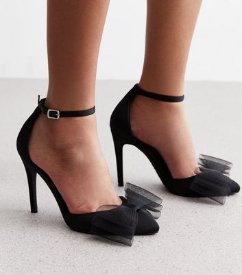 Black Satin Bow Front Stiletto Heel Court Shoes New Look