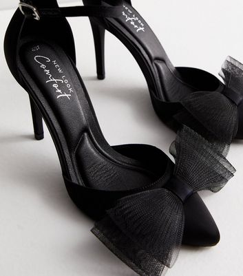 Black Satin Mesh Bow Stiletto Heel Ankle Strap Sandals|FSJshoes