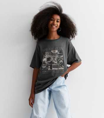 Girls Dark Grey Cotton Acid Wash Los Angeles Logo Long T-Shirt